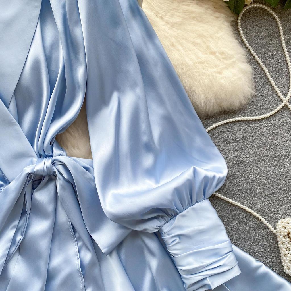 V Neck Puff Sleeve Satin Lace-up Solid Color Dresses for Women French Chic Pleated Dress Spring Women Dresses