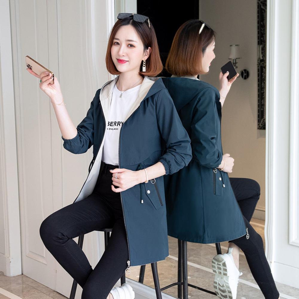 Fashion Double-Sided Wear Trench Coat Women's Mid-Longth Spring Autumn Women's Coats Tops   Hooded Jacket  Women Top