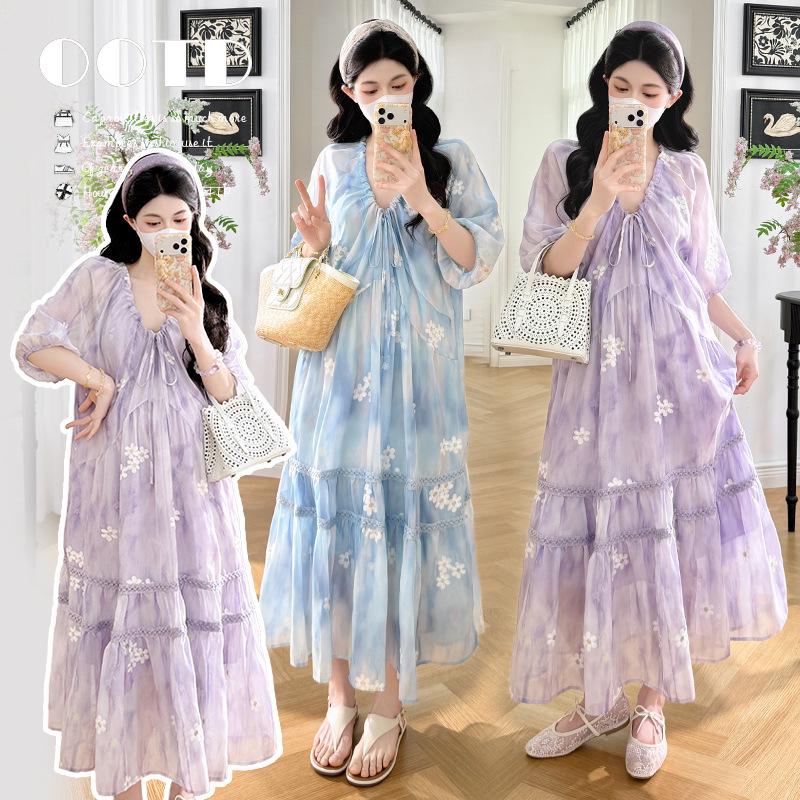 2026 Summer V-Neck Embroidered Puff Sleeve Loose Maternity Dress - New Korean Style M