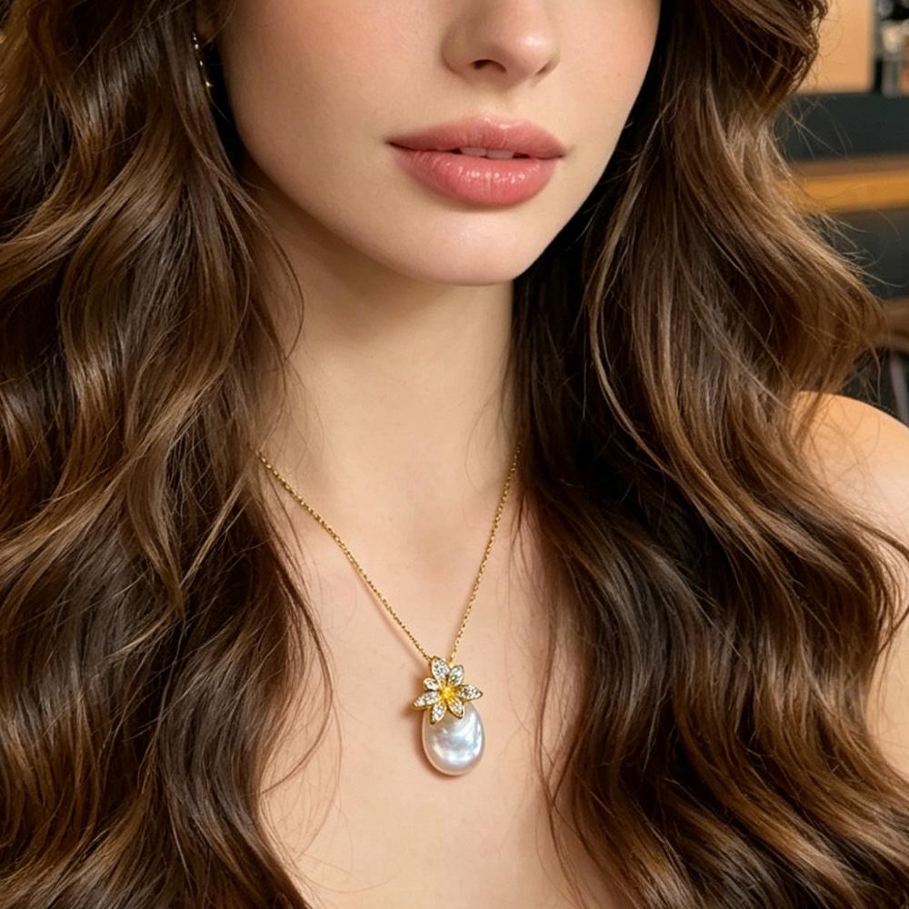 SENIKO Natural Freshwater Big Baroque Pearl Necklaces For Women Fashion Flower Cubic Zirconia Pendant With Chain Birhday Gift