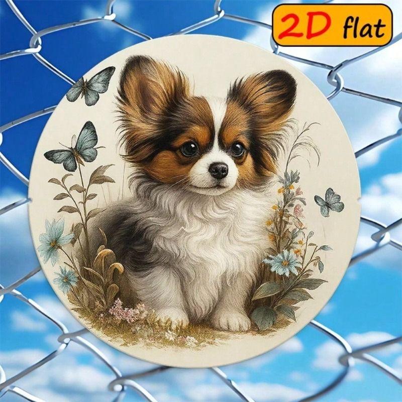 Metal Dog Wall Art Sign with Spitz and Butterfly Garden Decor