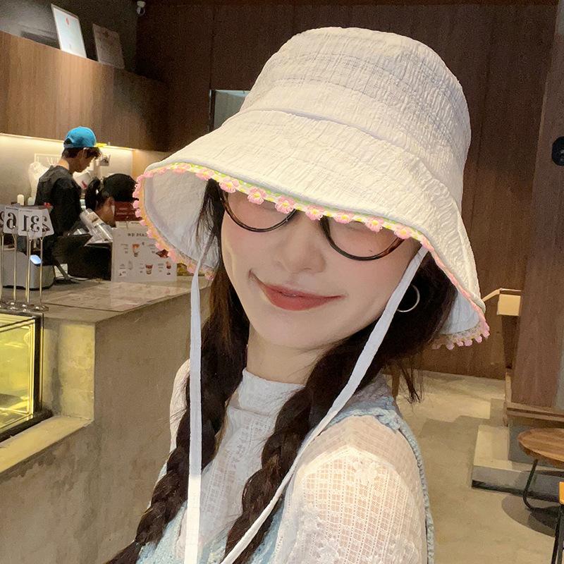 Sweet Floral Edge Bucket Hat Women's Summer Big Brim Showing Washbasin Hat Fashionable Versatile Sunshade Sunscreen Basin Hat