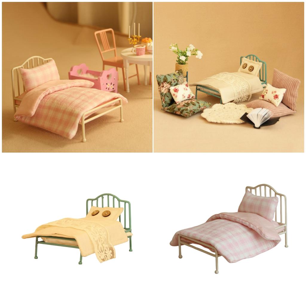 1/12 Doll House Furniture Miniature Bed with Bedding Simulation Detail Kids Imaginative Play Collectible Doll Accessory
