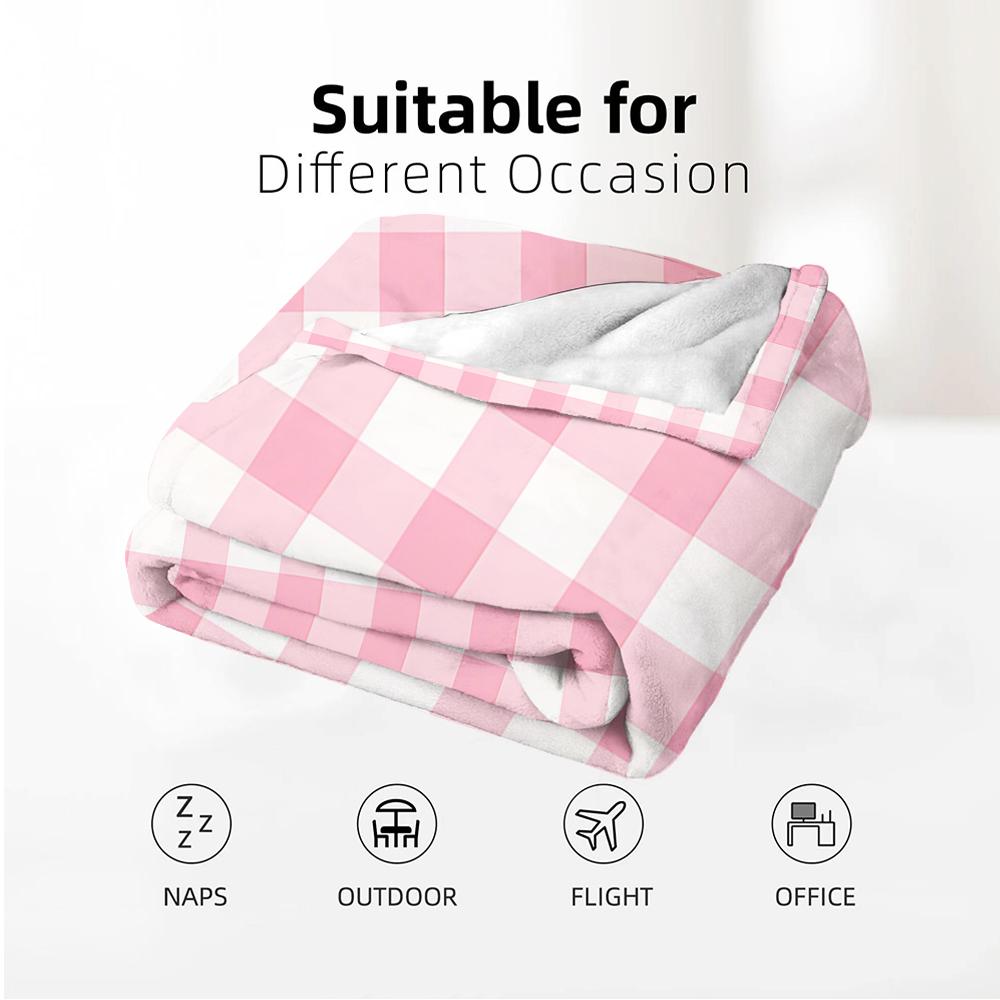 Plain Pink Ginghams Cartoon Anime Print Flannel Blanket Soft Warm Throw for Kids Bedroom Sofa Christmas Office Car