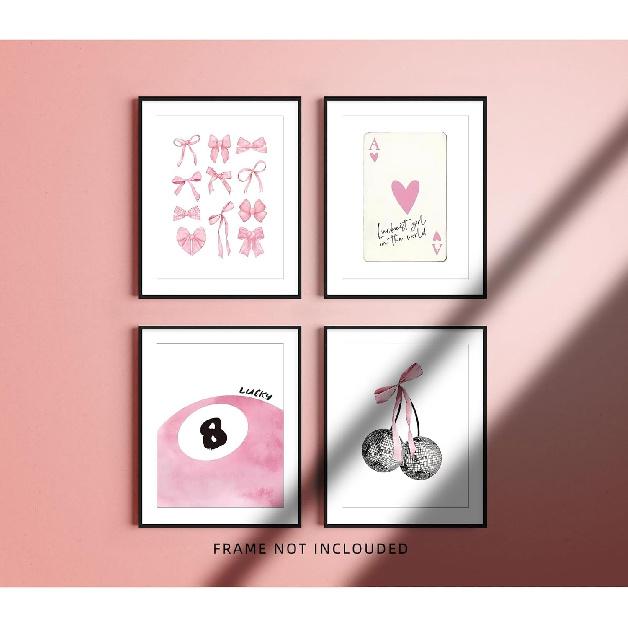 Pink Room Decor Aesthetic Wall Art Prints Poster, 8x10 Inch Canvas Prints Unframed Set of 4 Posters for Teen Girls Bedroom Dorm Decor