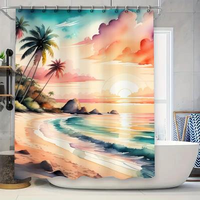 Strand Duschvorhang Dekor Aquarell Palmen Sonnenuntergang Badezimmermatte Sichtschutz Stangentasche Wasserdicht Heimdekoration für Badezimmer Fliesen