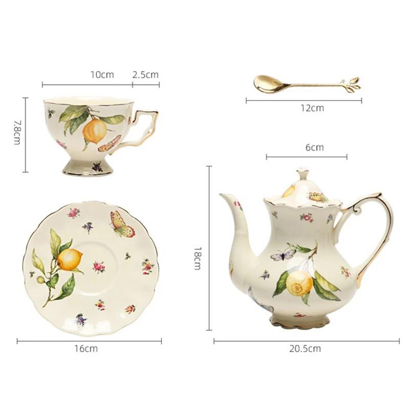 European Ceramics Coffee Cup and Saucer Elegant Lemon Pattern European Style Teapot Coffee Mug with Dessert Spoon Gift for Mom