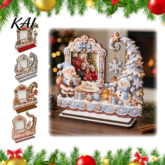 Holiday Photo Storage Christmas Wooden Frame, 2D Picture Holder with Santa Snowman & Snowflake Pendant, Family Display Frame for Home Mantel