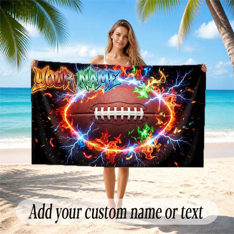 American Football Theme Beach Towel Personalized Custom Name & Text Soft Quick Dry Beach Towel for Swimming Travel