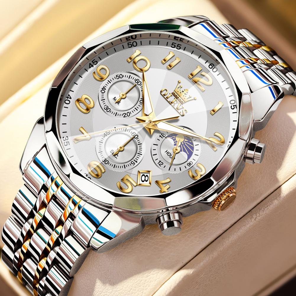 OLEVS Luxury Business Gold Stainless Steel Men's Watch Luxury Calendar Chronograph Moon Phase Quartz Watch Men's Clock