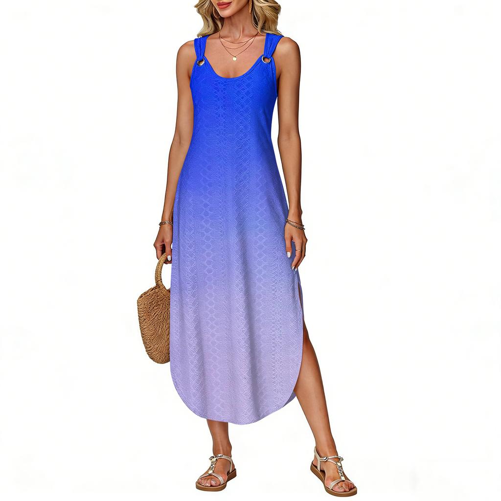 Women's Summer Long Dress, Sleeveless with Side Slits, Long Gradient Vest Dress