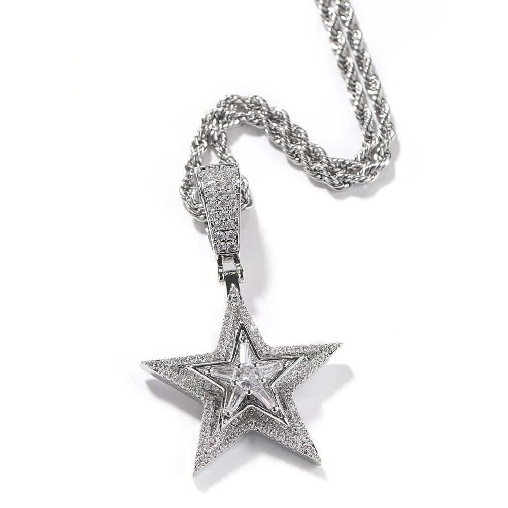 Wind hip-hop diamond-encrusted rotating pentagram pendant necklace explosive trend street