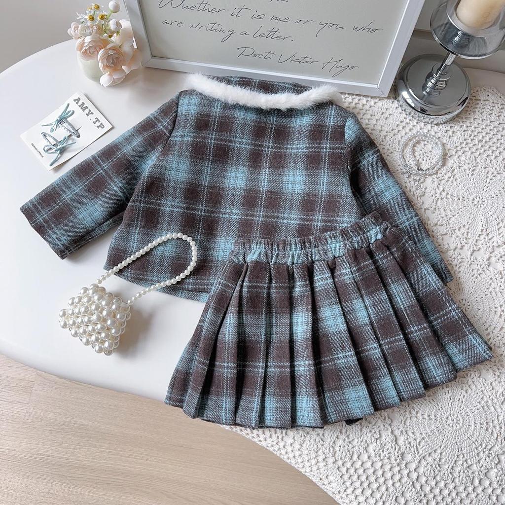 Girls' Preppy Winter Coat & Pleated Skirt Set - AWB003