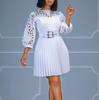 2024 Pure Color Lace Hollow Pleated Women's Dress - European and American Style