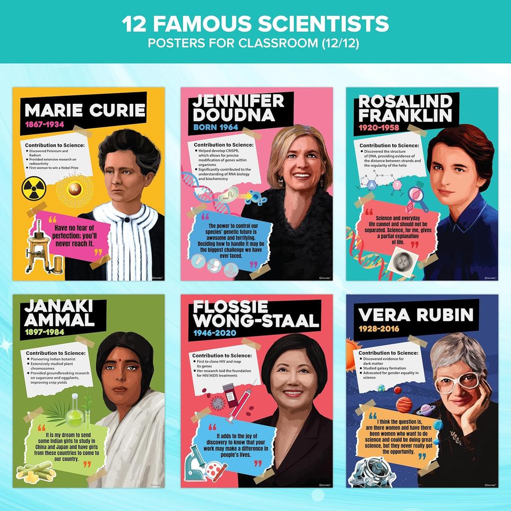 Decorably 12 Famous Scientists Posters for Classroom, 11x14in Educational Matte-Laminated for School Decor, Hallways, Bulletin Boards, Home Study