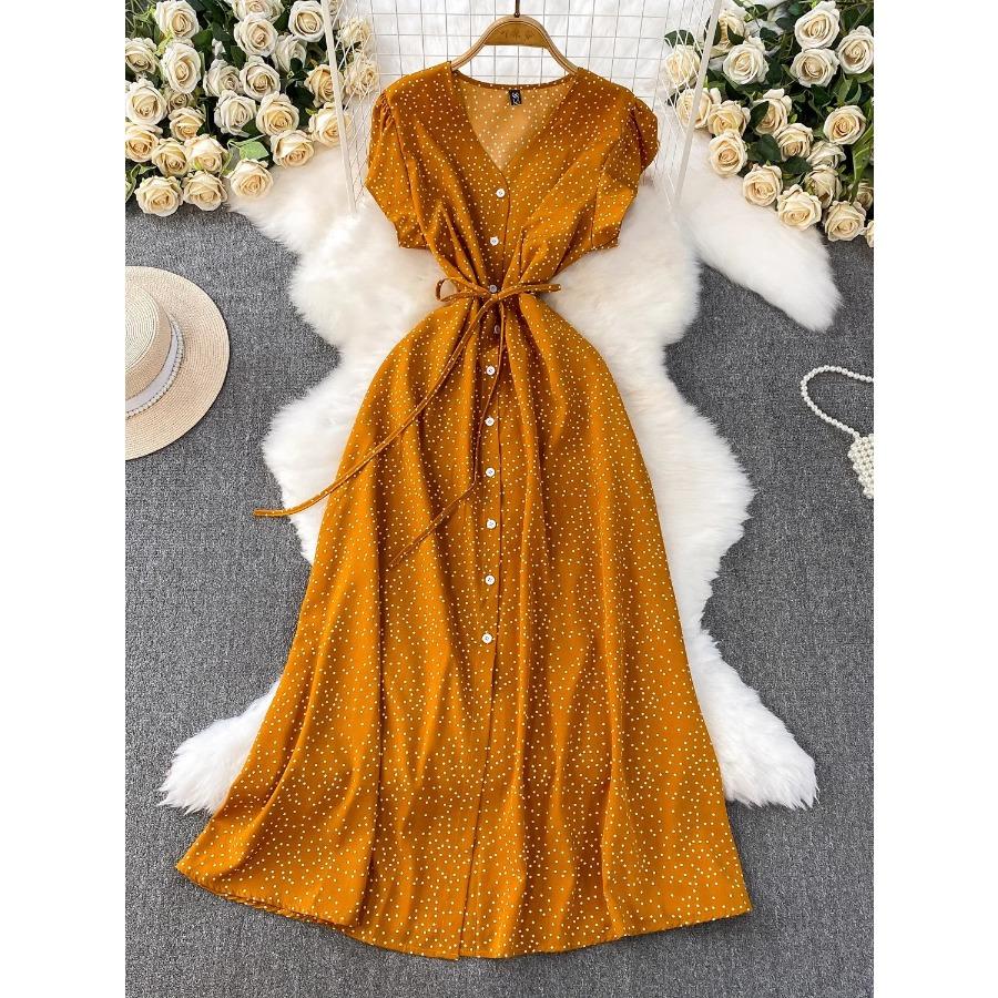 Summer Women Polka Dot Long Dress Vintage V-Neck Flying Sleeve High Waist Single Breasted A-Line Casual Vestidos Female Robe New