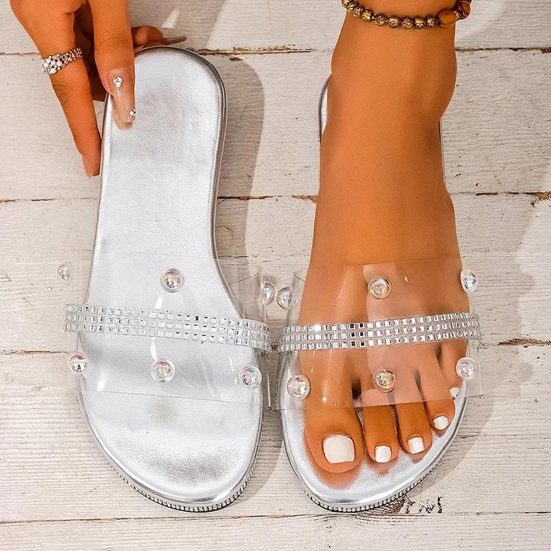 Fashion Large Pearl Shiny Crystal Flats Women 2025 Summer Comfort Light PVC Flat Slippers Woman Plus Size Soft Sole Non Slip Beach Shoes