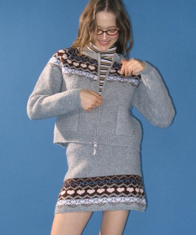 RONRON [Set] Heart Nordic Knit Zip Up (2Color)