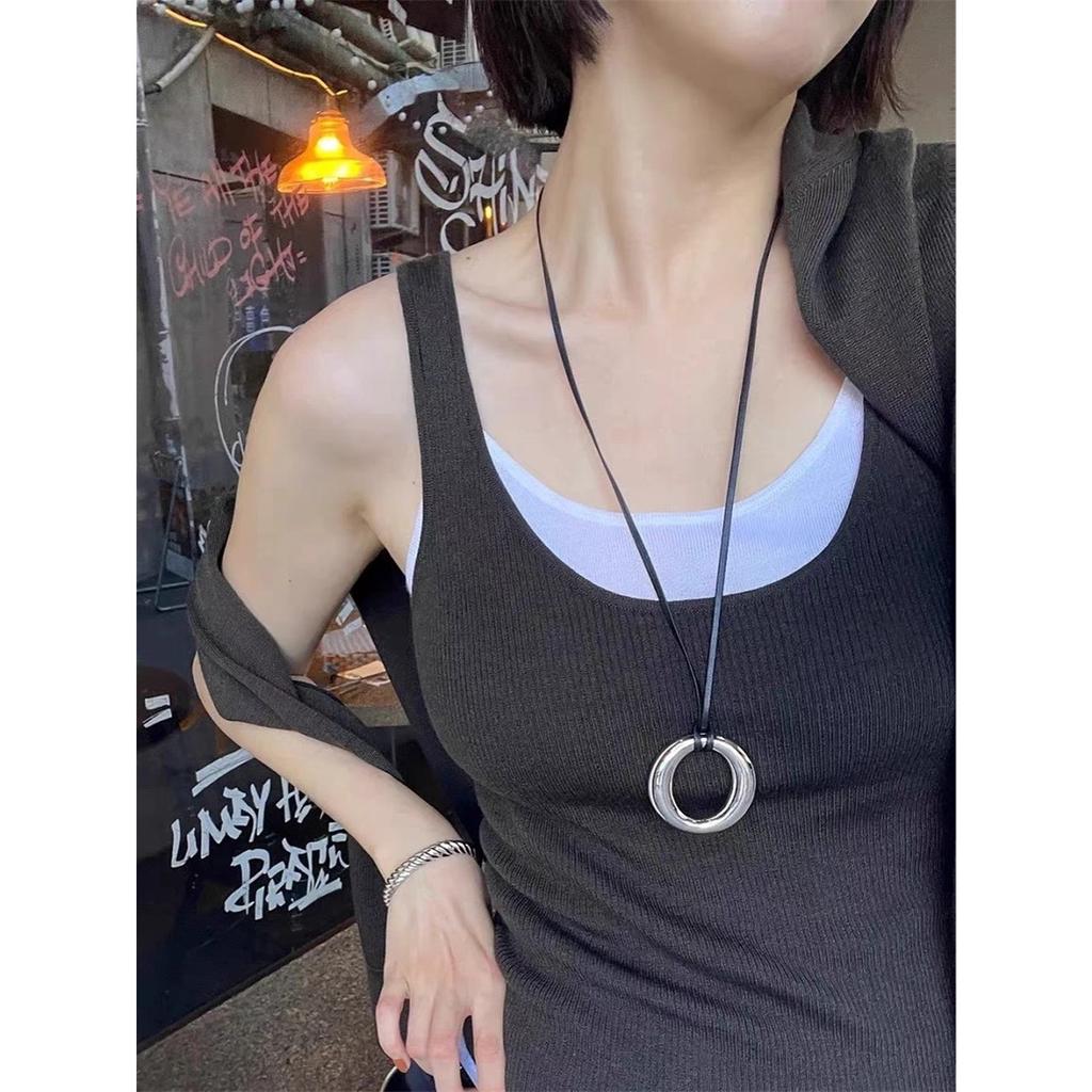 Tooxika Simple Light Luxury Design O-ring Pendant Necklace Leather Cord Adjustable Long Jumper Chain Women
