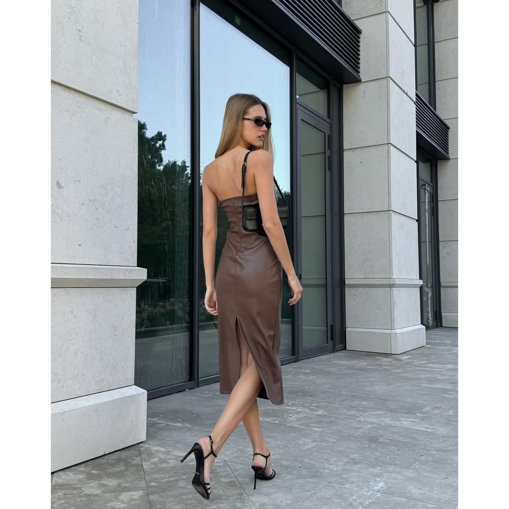 2025 Herbst Winter Damen PU Leder Korsettkleid, Sexy Wickelstil Bodycon Mini Kleid mit hohem Schlitz, Ärmelloses Bustier Abendkleid für Party