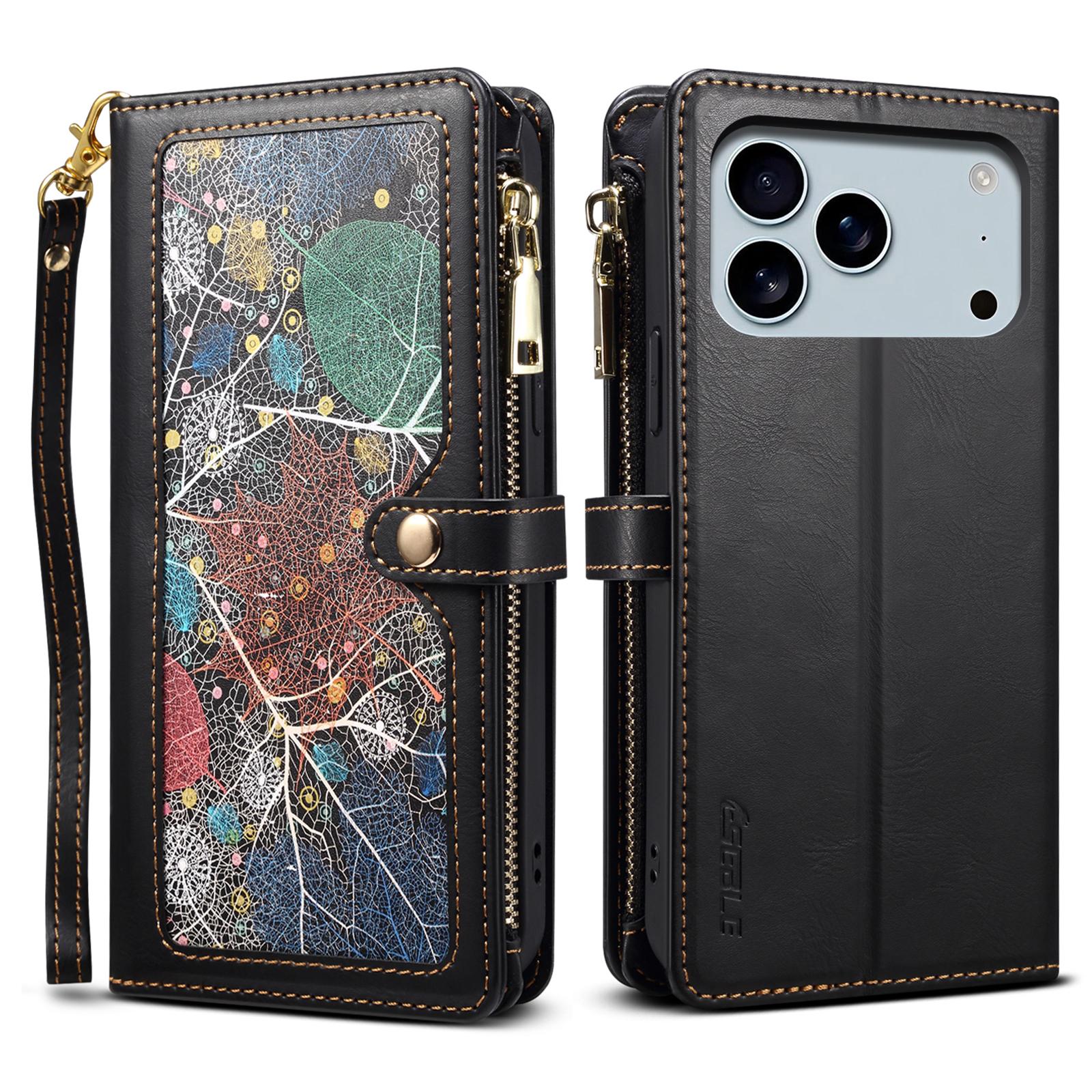 

ESEBLE Galaxy Series For iPhone 17 Pro Max Case RFID Blocking Leather Zipper Phone Cover with Shoulder Strap+Wrist Strap Black