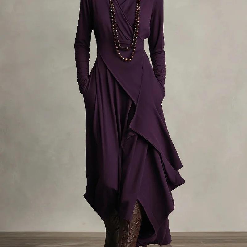 Women Clothing Fall Solid Color Long Sleeve Turtle Neck Maxi Dress