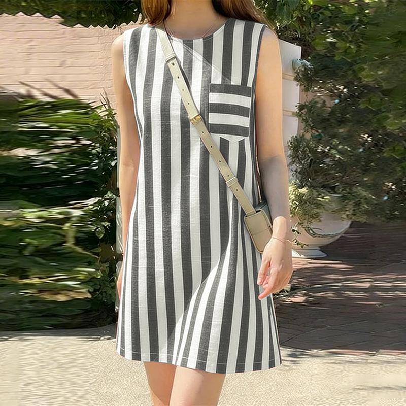 ZANZEA Women Daily Casual Round Neck Sleeveless Stripe Print Loose Dress S чёрный
