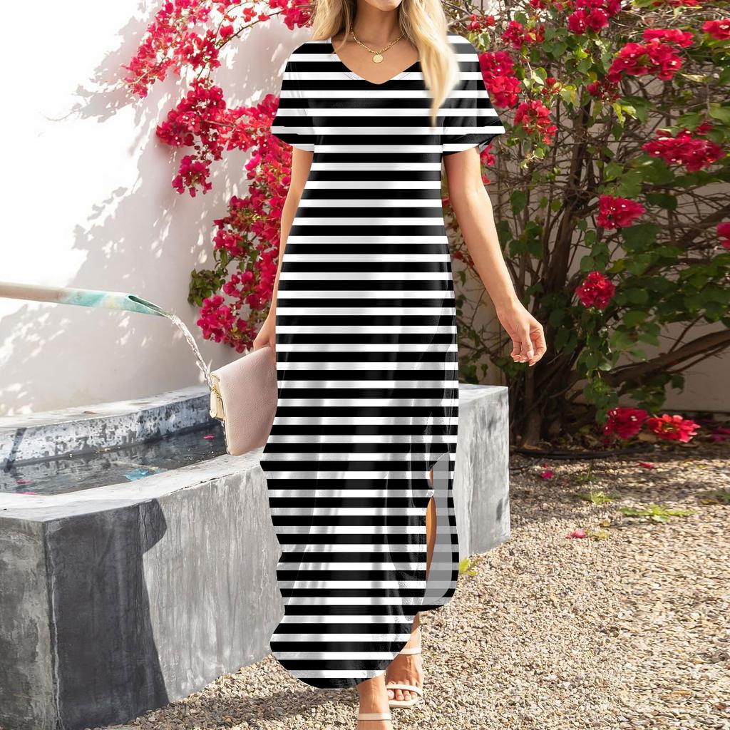 Dámske letné ležérne plážové maxi dlhé šaty s voľným výstrihom do V, krátkym rukávom Trendy outfity