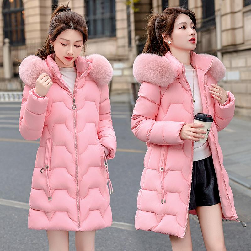 2025 winter big fur collar slim and thin medium and long cotton clothes women's thickened warm foreign gas jacket cotton clothes