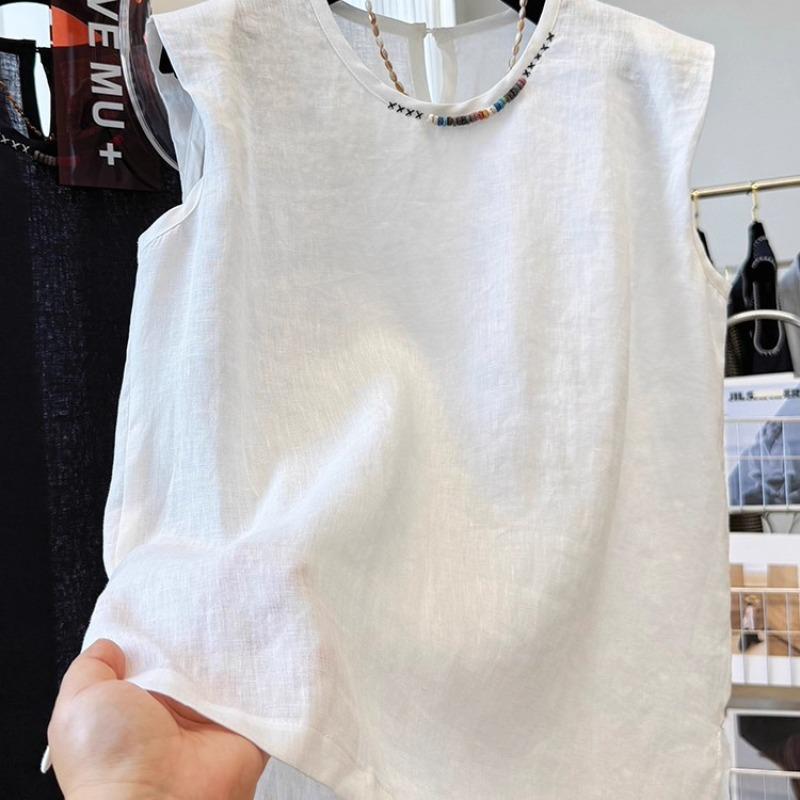 Women's Summer Sleeveless Cotton-Linen Embroidered Tank Top