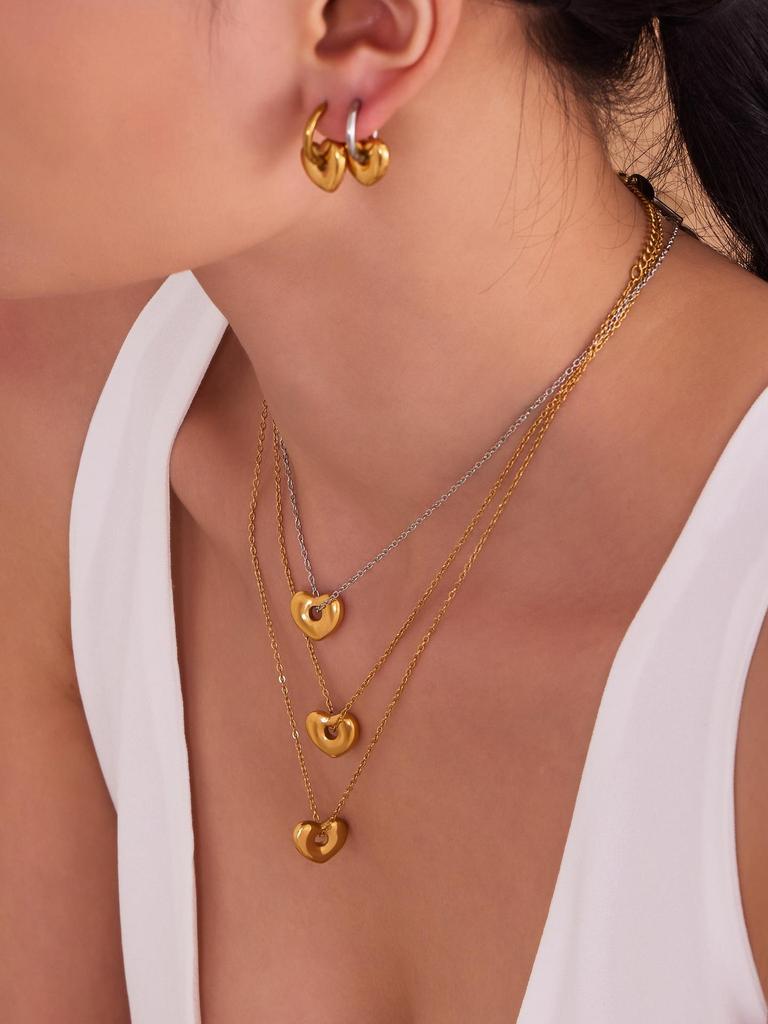 Qiong Yao 18K Gold Plated Stainless Steel Peach Heart Pendant Necklace & Earring Set - Smooth Surface & Elegant Design