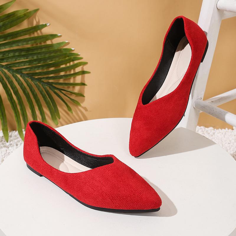 Large size pointed flat bottom shallow mouth single shoes women's new four-season suede flat heel work ladyshoes