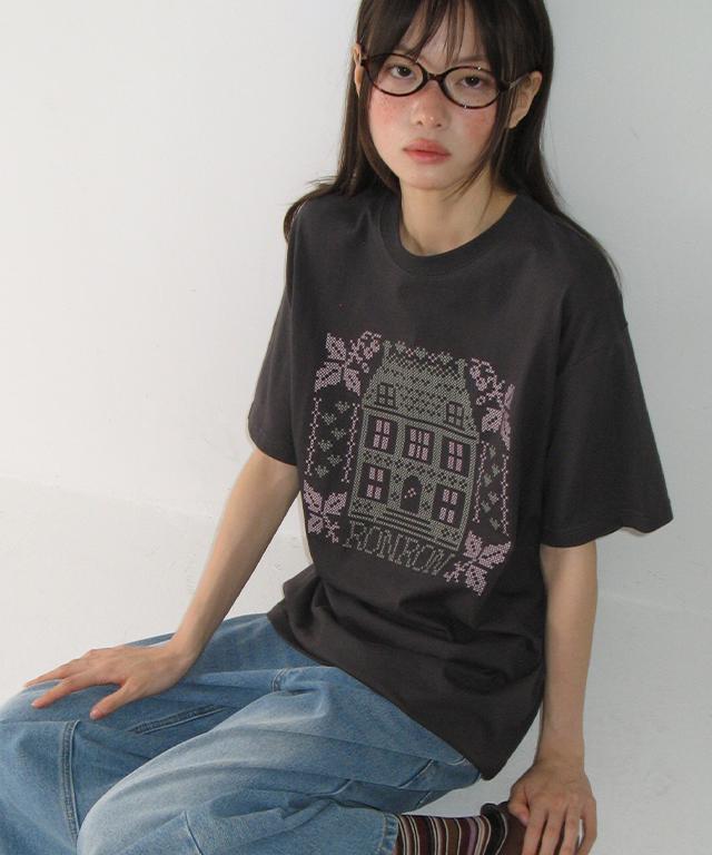 RONRON Stitched House Over Fit T Shirt Charcoal