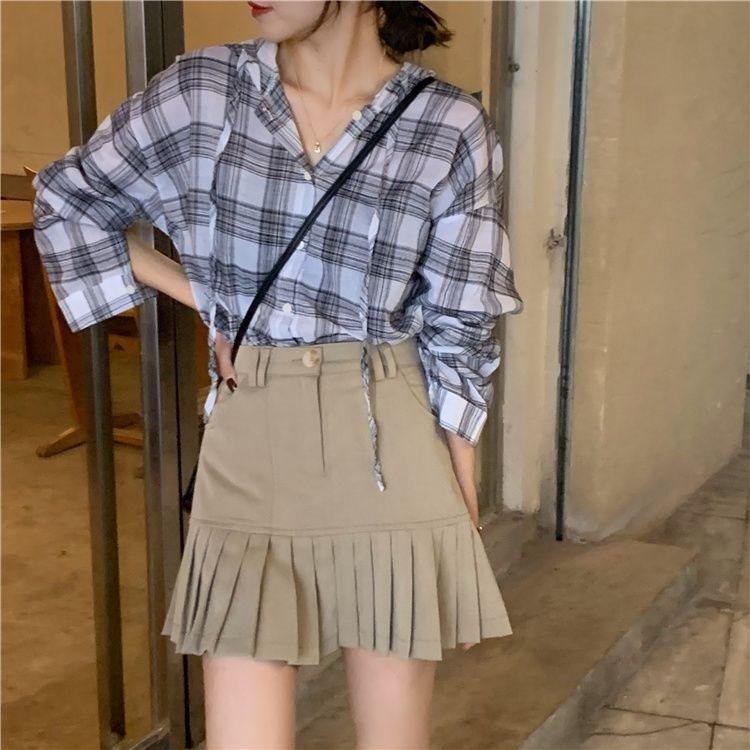 Cotton Blend Pleated Skirt For Women Spring High Waist Slim Fit With Embroidered Design For Casual Wear