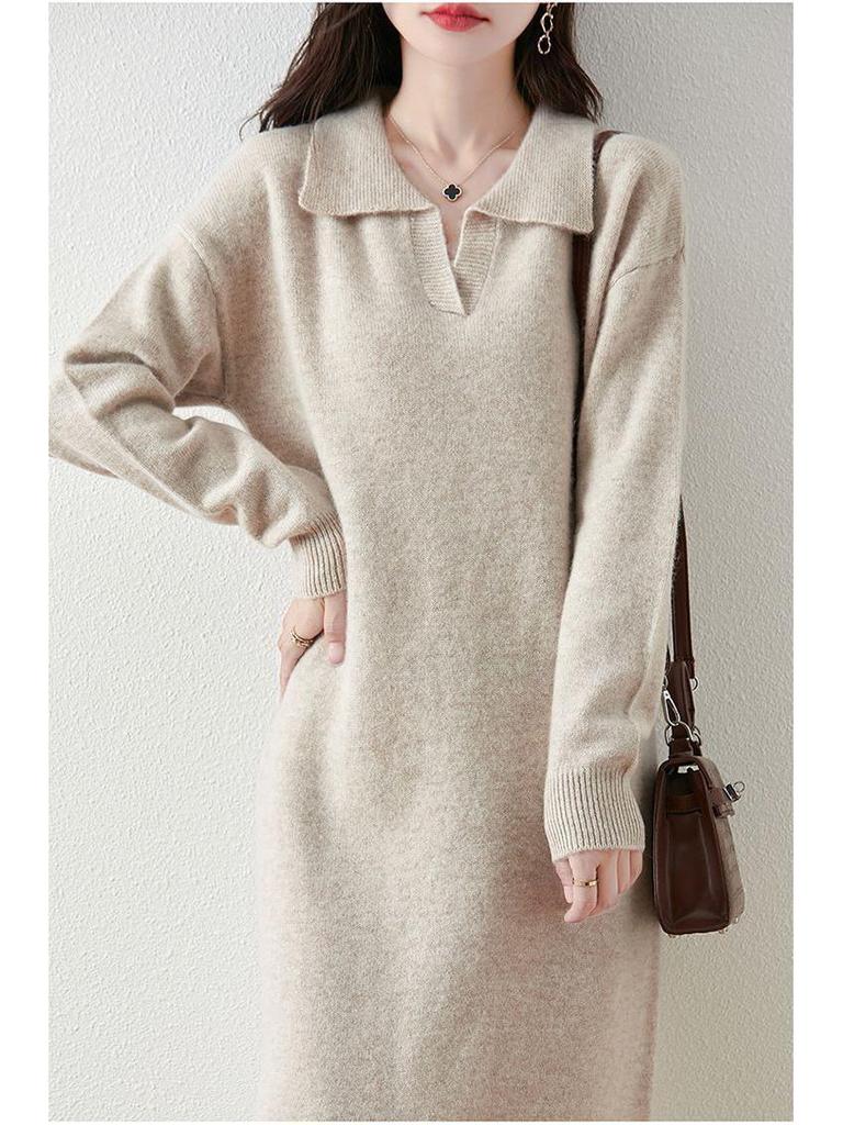 Women's Thickened Wool Polo Neck Long Dress - Autumn/Winter Loose Knit Base Layer 