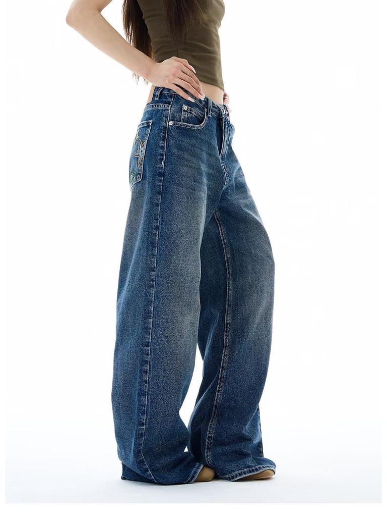 Light Blue Retro Fireworks Pattern High Waist Wide Leg Jeans for Women - Spring/Autumn 2026 Style, Floor-Length.