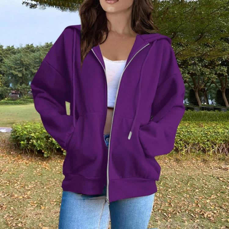 Women's Casual Solid Color Long Sleeve Zippered Hooded Sweatshirt Fashion Top