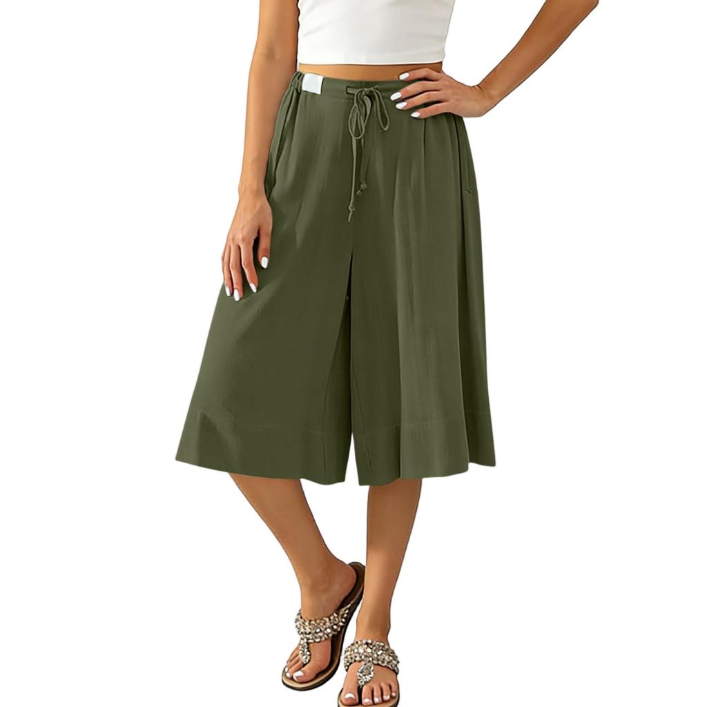 Women’s Wide Leg Culottes Drawstring Waist Loose Fit Pleated Midi Skirt Pants Soft Lightweight Fabric