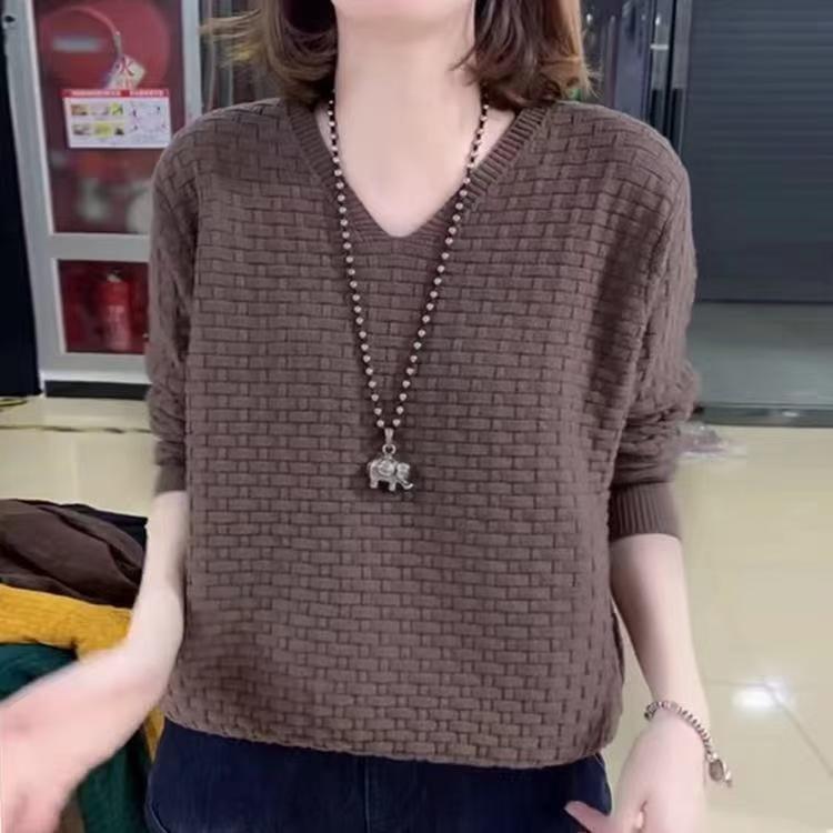 Hollow Out Women's Long Sleeved T-shirt Knitted Sweater Autumn Loose Striped Base Shirt