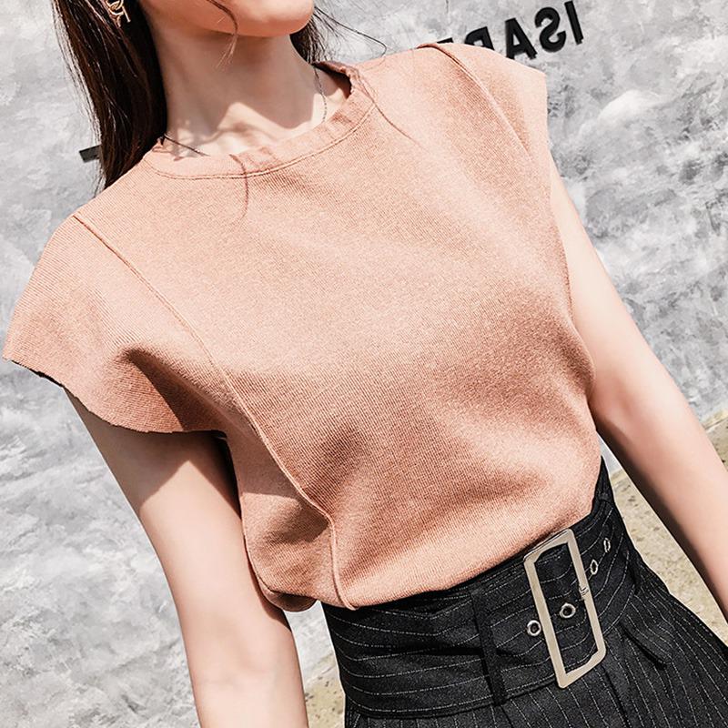 

Женская однотонная повседневная трикотажная футболка без рукавов с круглым вырезом