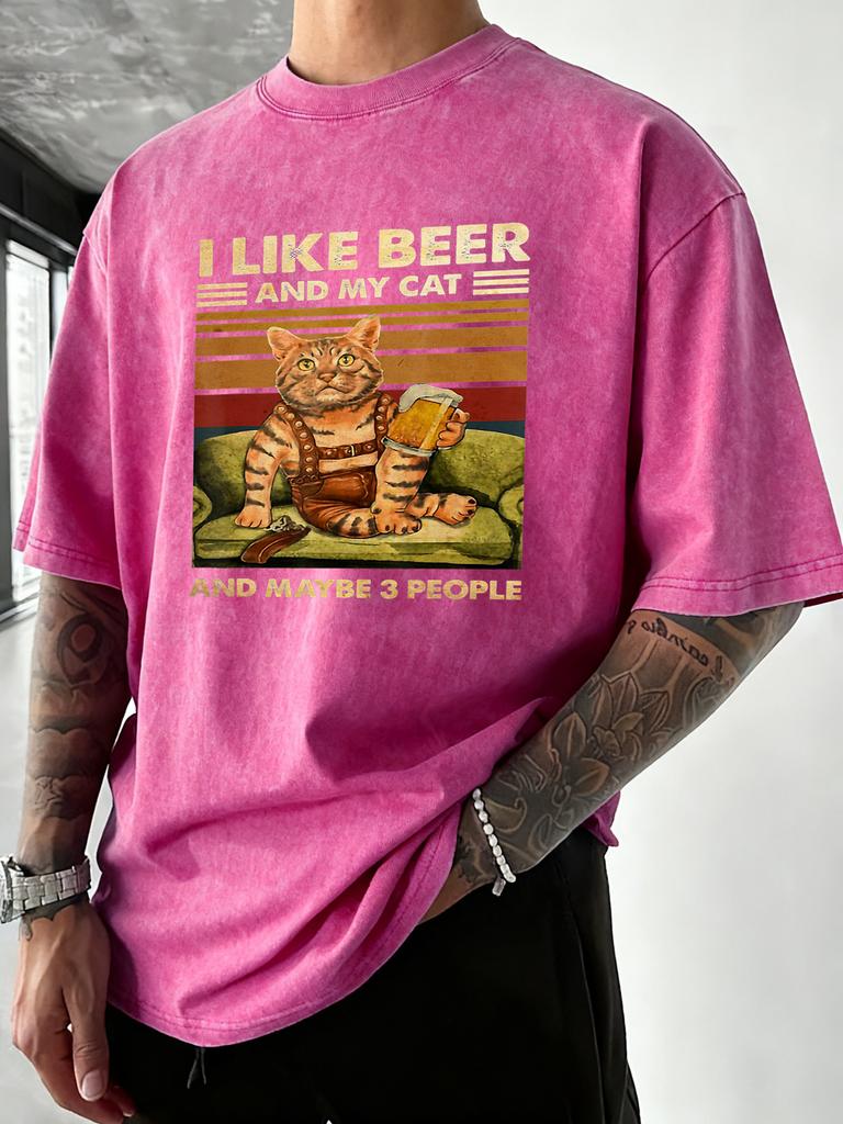 I Like Beer And My Cat Print Washed Tee Shirt Mens Trendy Cotton Sportswear Crewneck Casual T Shirts Loose Breathable Clothing