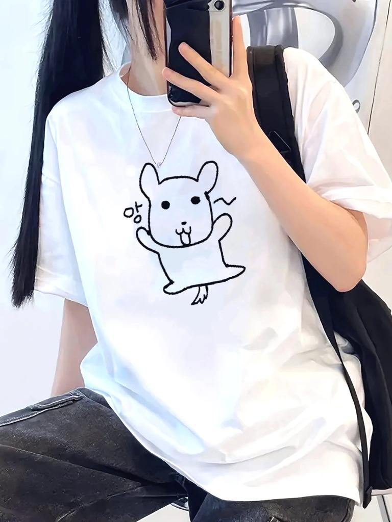 2026 White Tee Tops Cute Puppy Printed Shortsleeve Tshirt Casual Summer Comfortable Unisex Cartoon Illustration Y2k Vintage
