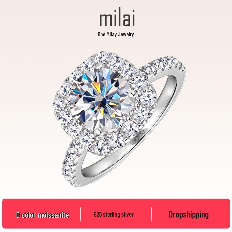 

Кольцо с мозанитом 2 карата квадратной огранки с ореолом из стерлингового серебра 925 пробы от Donglai Size 10 (US)