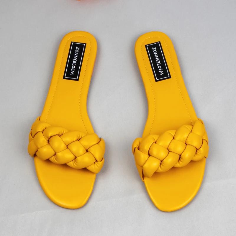 Fashion New Designer Fashion Summer Sandals Women Flat Bottom Ladies PU Leather Slides Weave Slip on Sandal Woman Outside Beach Shoes