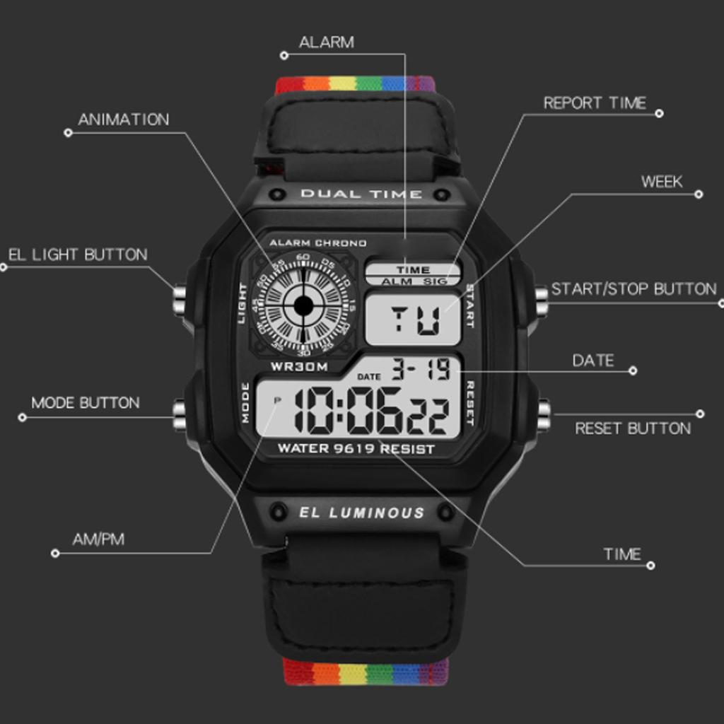 Digital Chronograph Watch Luminous Waterproof Multi Function Retro Style Square Electronic Watch Black