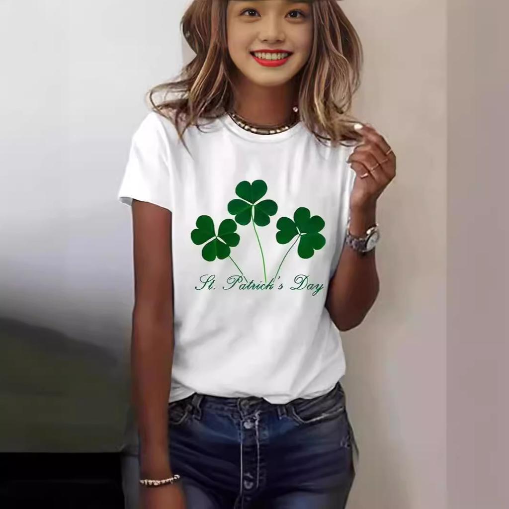 Sommertopp med rund hals og trykk, moderne, avslappet, søt, kortermet, t-skjorte for kvinner i ren bomull