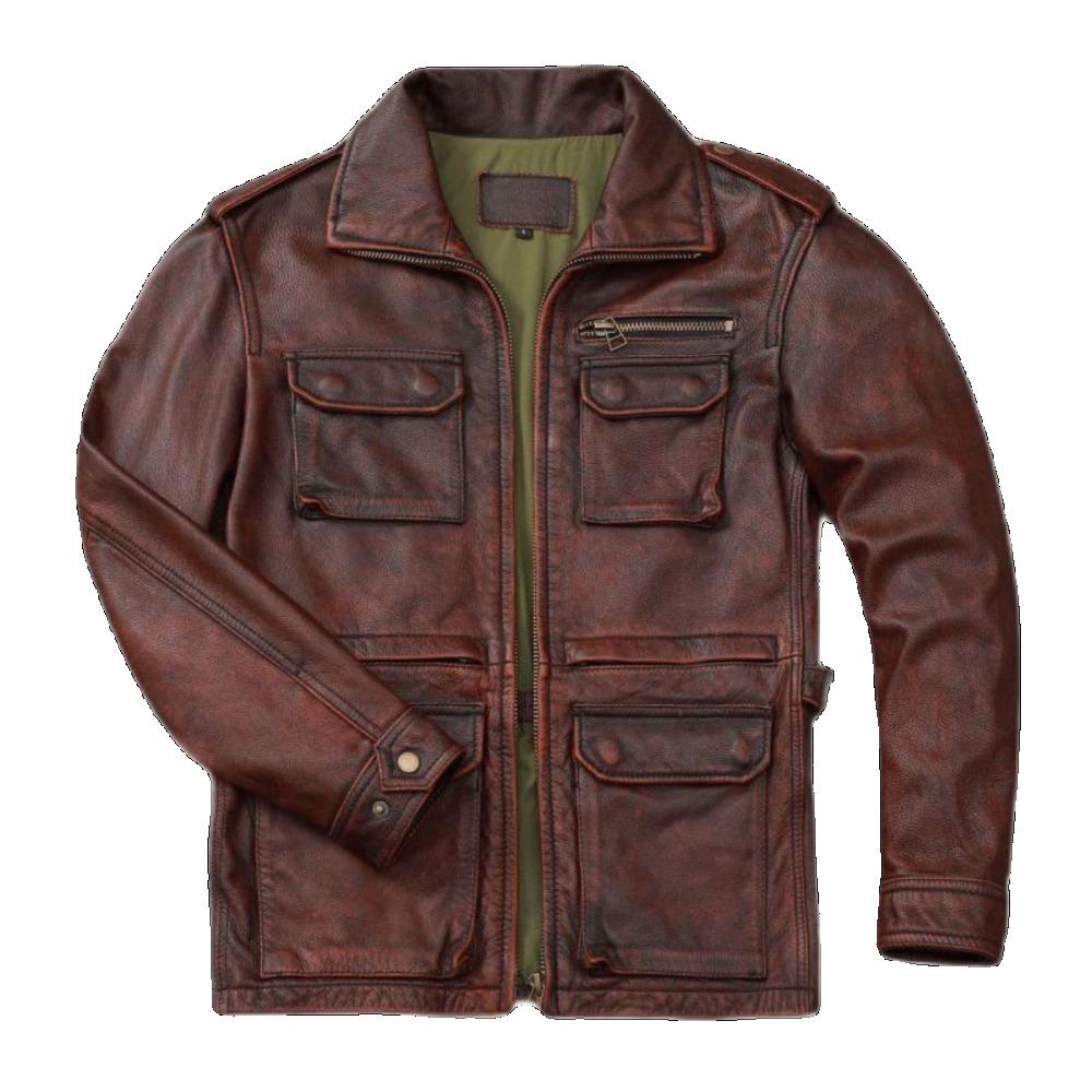 Chinese Size Vintage Red Brown Men Leather Jacket M65 Hunting Flight Jacket Genuine Cowhide Coat Autumn