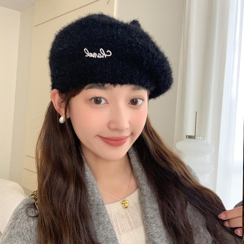 Season New Hat Women'S Diamond-Encrusted Alphabet Knitted Wool Beret Winter Warm Pumpkin Hat Tide