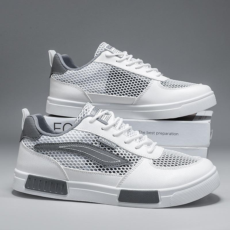 2025 New Men's Shoes Summer Breathable Thin Mesh Hollow Mesh Sports and Leisure Board Shoes Men's White Shoes
