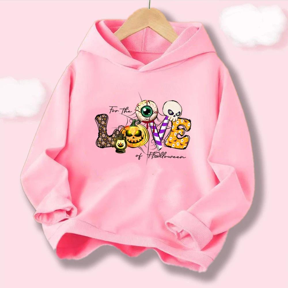 Kawaii Boys' & Girls' Halloween Hoodie "LOVE" Letter with Pumpkin and Skull Print, Casual Kids' Hooded Top